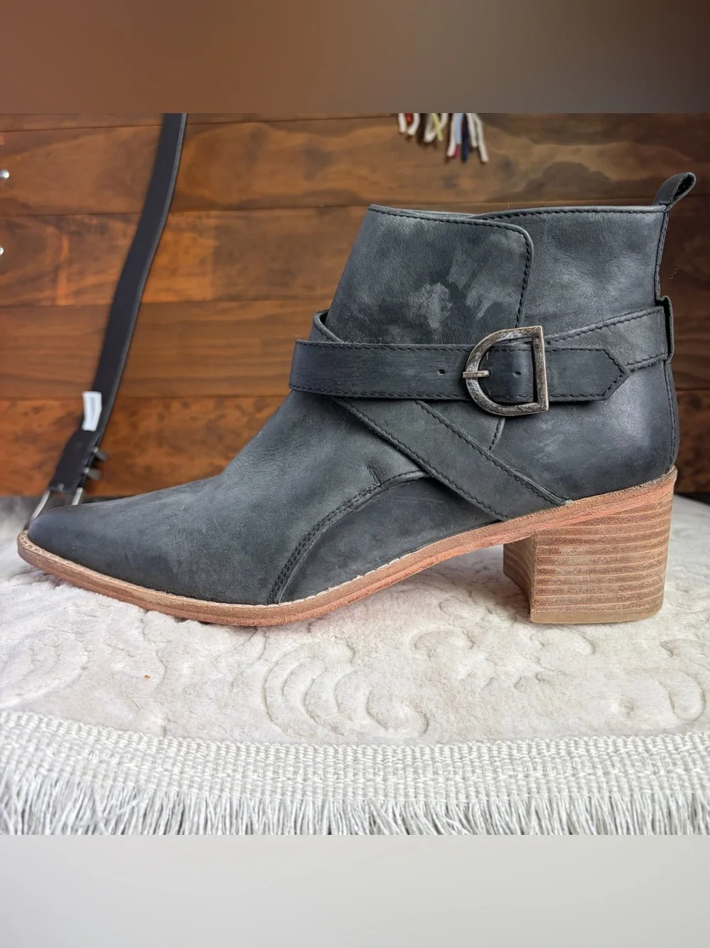 Free People Back Loop Ankle Buckle Boot EU 40 US 10 Washed Black Western